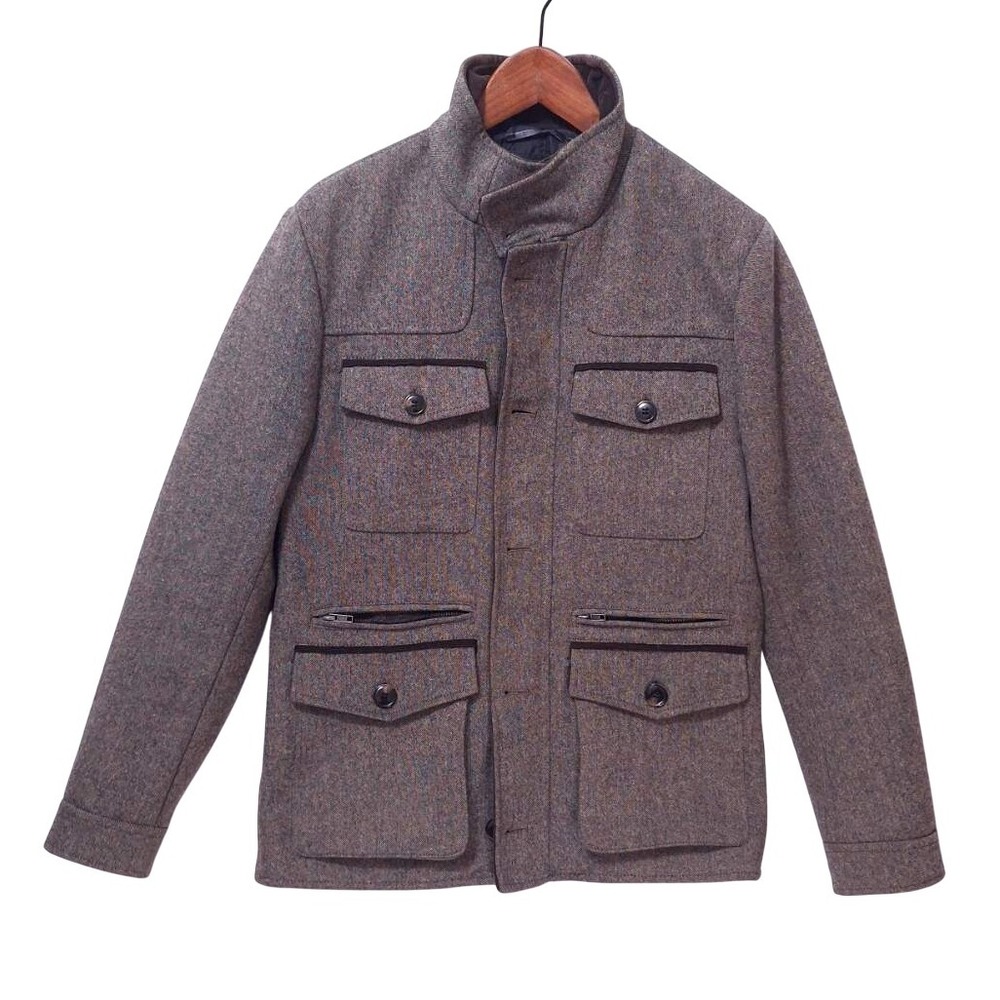 H&M Wool Blend Field Jacket Mens 38R Military Coat Full Zip Brown Gray Utility‎